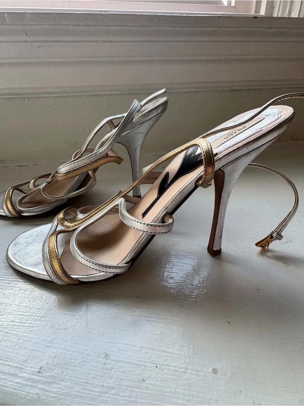 Prada Silver & Gold Multi-Strap High Heel Sandals